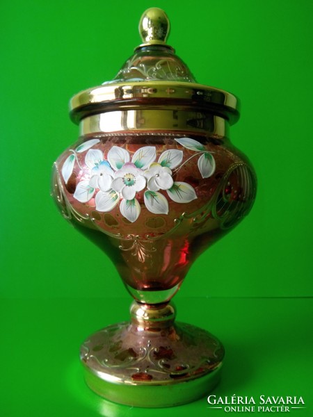 It's raining!!! Antique Bohemian glass goblet bonbonier decorated with gilded plastic flowers with a lid