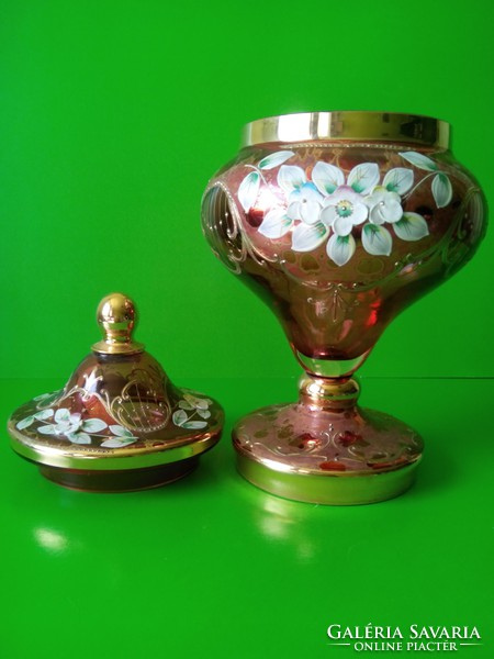 ÁRESŐ!!! Antik Bohémia fedeles aranyozott plasztikus virágokkal díszített  üveg kehely bonbonier
