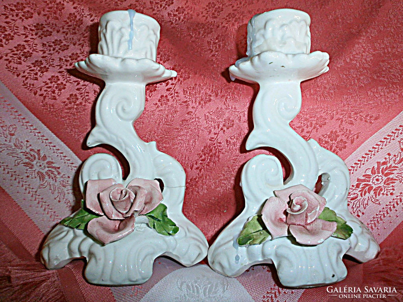Pair of pink porcelain table candle holders