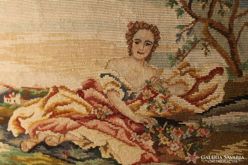 Gobelin kép keretben: Hölgy virágokkal,textil