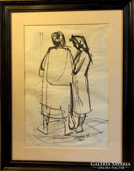 Soltész Albert 1964., 28x41 cm-es " Asszonyok " tus, papír,külmérete 44x57 cm