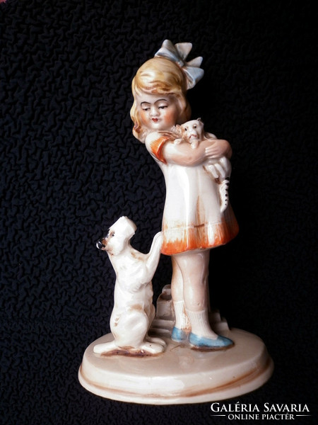 Sitzendorf, antique porcelain little girl with siamese and dog