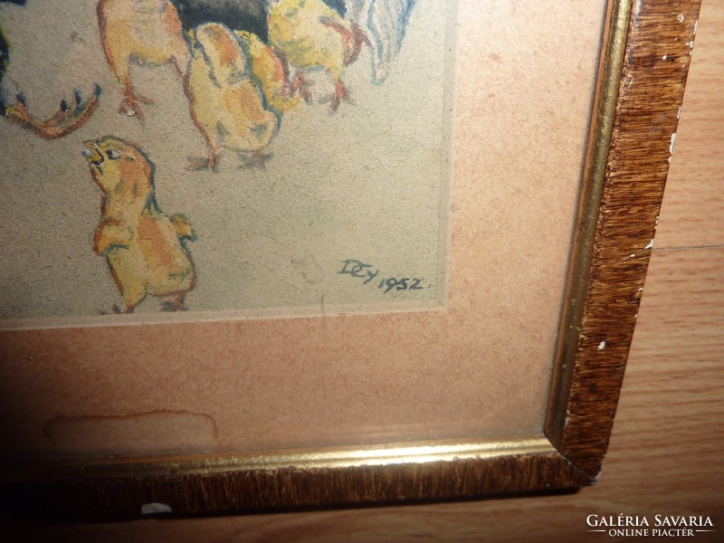 Perpatvar a baromfiudvarban, akvarell jelzéssel, 1952