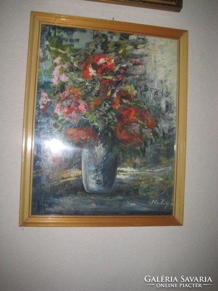 Floral still life with oil on canvas, sign 40 x 54 + frame