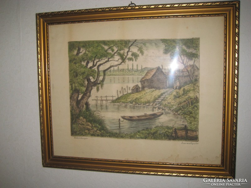 Conrád György   . Halásztanya ,  színes rézkarc  52 x 42 cm