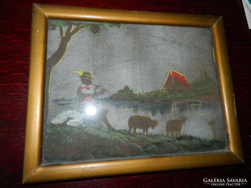 Antique approx. 100-year-old silk screen - a shepherd playing a flute on the waterfront