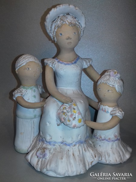 Enikő Győrbíró three-figure ceramic statue of a mother with her children