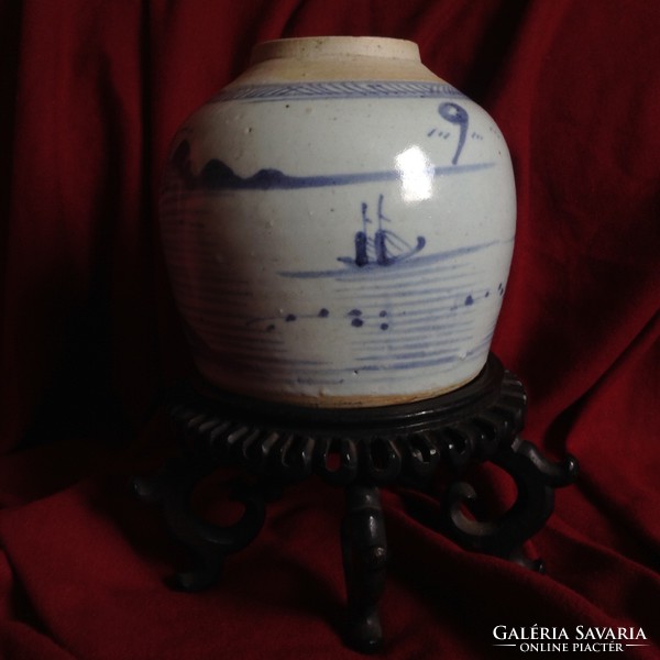 Kinai 200 éves porcelán kék Tea Gyömbér váza kézzel festett hajó tenger edény doboz tároló fűszer