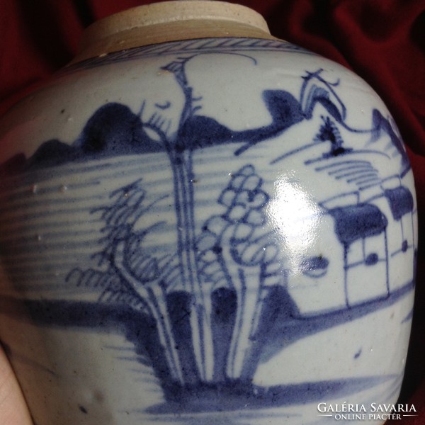Chinese 200-year-old porcelain blue tea ginger vase hand-painted ship sea vessel box storage spice