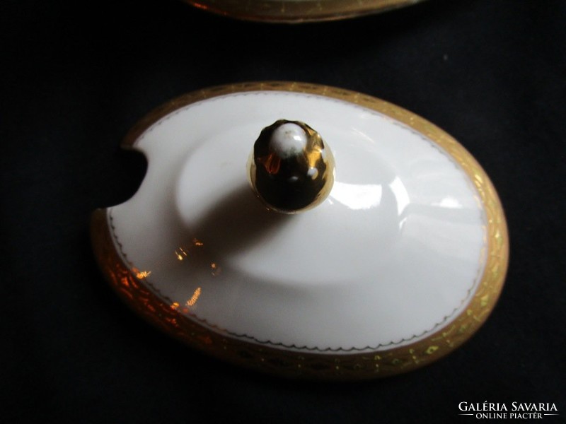 Art Nouveau lid porcelain sauce serving + original porcelain spoon marked thickly gilded