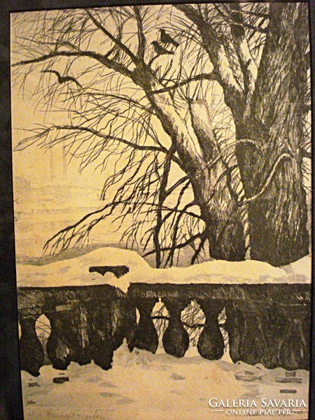 Etching by István Zádor: Winter on Margaret Island in an art deco frame