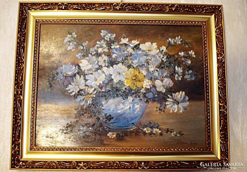 Kocsisné Szloboda Teréz: Virágok kék vázában- olaj festmény ( zsűrizett) 