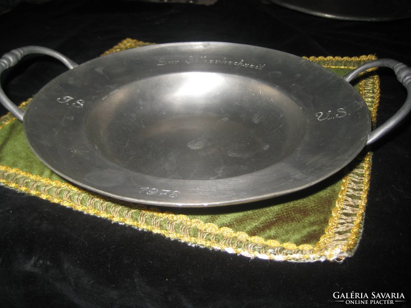 Pewter bowl, with handle, engraved, 