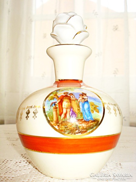Szecessziós porcelán palack, antik életképpel díszített /parfümös/