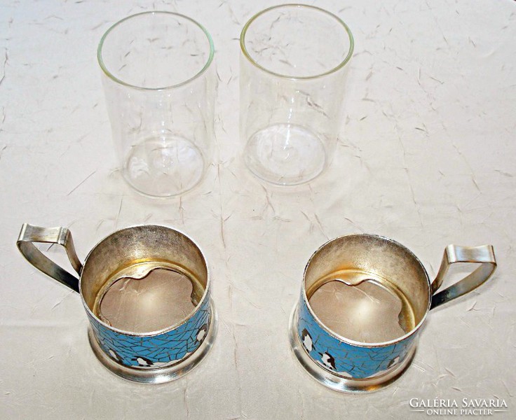Orosz ezüstözött rekeszzománc pohártartók, hőálló üvegbetétt