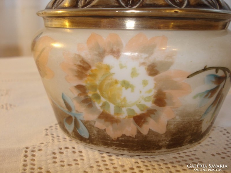 Offering antique hand-painted milk glass with silver-plated metal lid