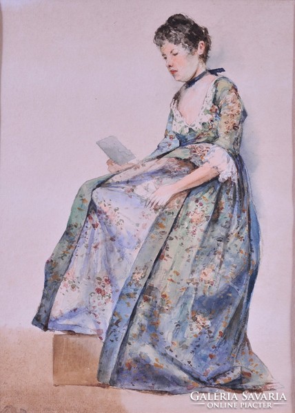 Ismeretlen művész: olvasó hölgy, akvarell