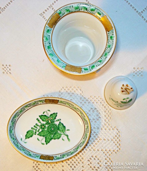 Herend bell, pot and bowl with green apponyi pattern