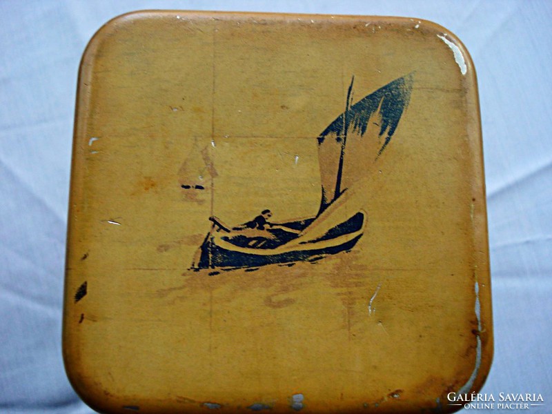 Antik pléh gríztartó doboz holland életképekkel díszítve (1940-es évekből)