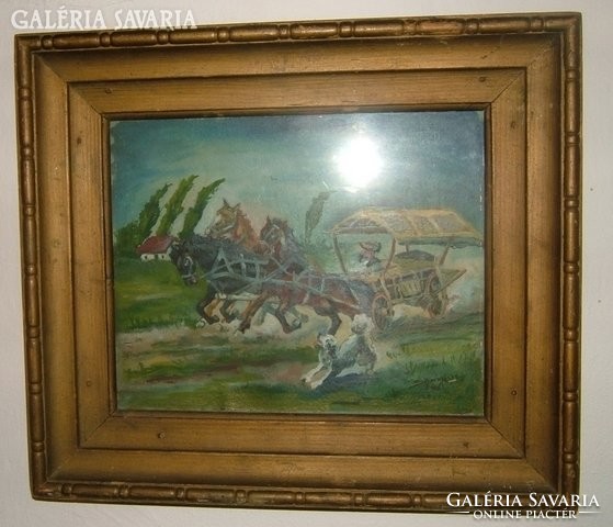LEÁRAZTAM ! Antik jelzett olaj /fa festmény: kutya kergette kocsi