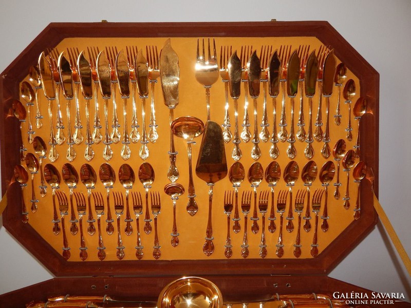 Rare! Dream of beautiful goldsmith work! 24 carat solid color gilded cutlery! 104pcs! 12 Eyes + Fish!