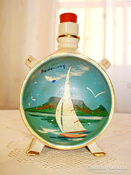 Régi Drasche porcelán kulacs Balaton dekorral  /13,5 cm/