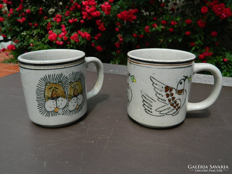 Couples mug with paired lions and pigeons hand painted tea cup pair