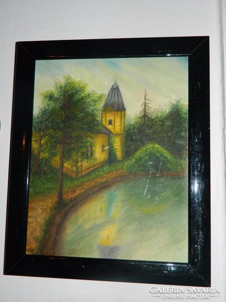 Church on the waterfront - labeled oil painting