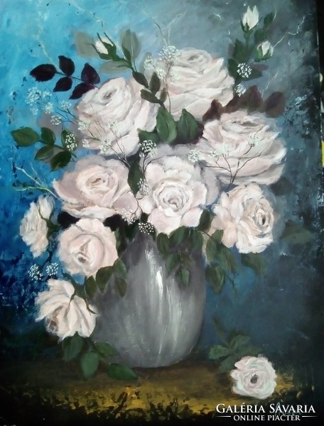 Virágok szürke vázában c.  festmény, csendélet
