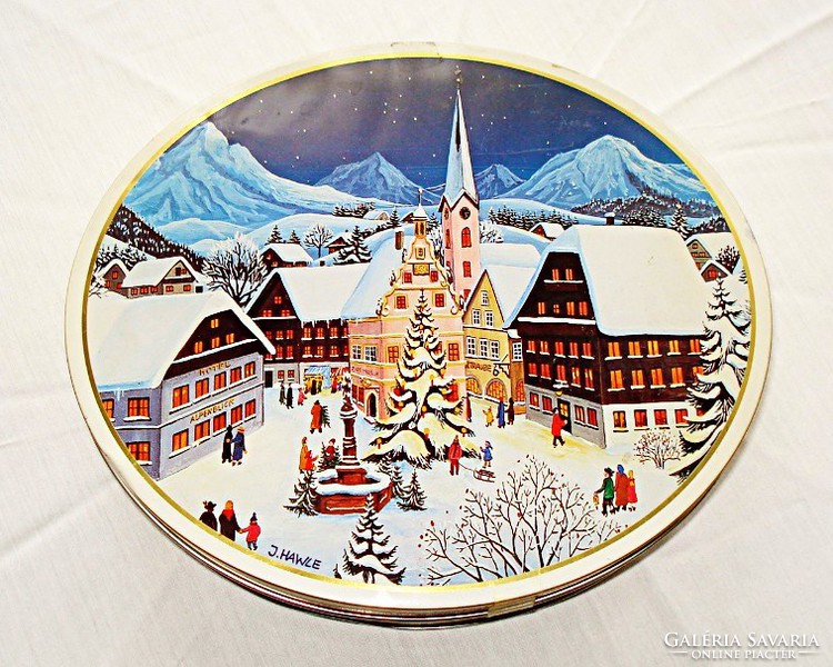 Bonbonos doboz, karácsonyi alpesi városkát ábrázoló képpel 