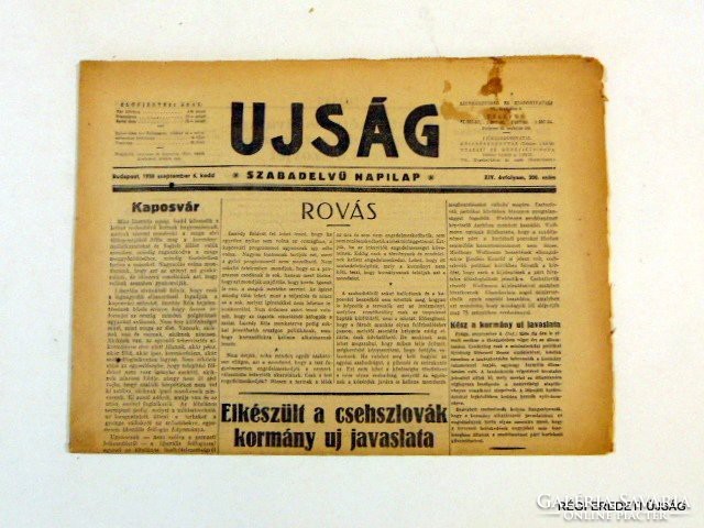 1938 szeptember 6  /  UJSÁG  /  RÉGI EREDETI MAGYAR ÚJSÁG Szs.:  5081