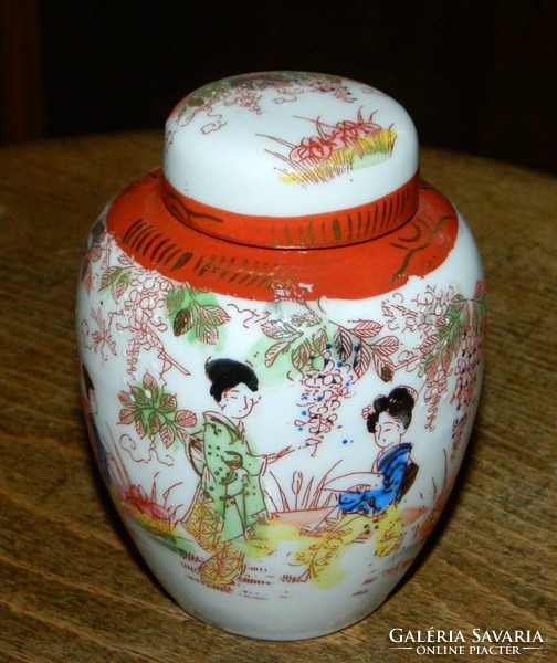 Japanese - hand-painted - geisha urn-shaped container with a lid
