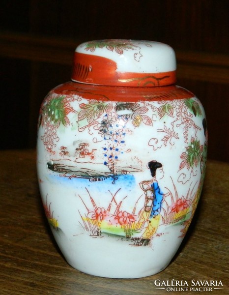 Japanese - hand-painted - geisha urn-shaped container with a lid