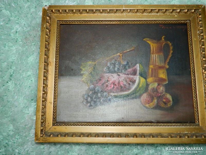 Table still life with melons and grapes - marked, old painting