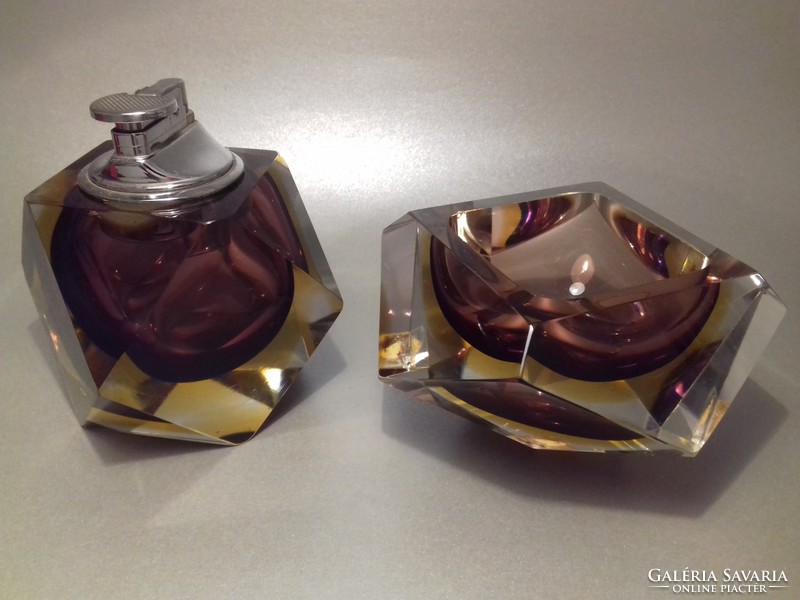 Vintage Luxurious Murano Fencing Glass Lighter + Ashtray Set in the 1960s