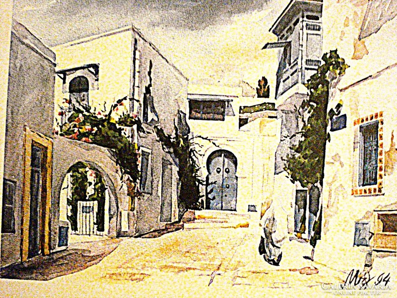 Casablancai utcakép, akvarell litográfia