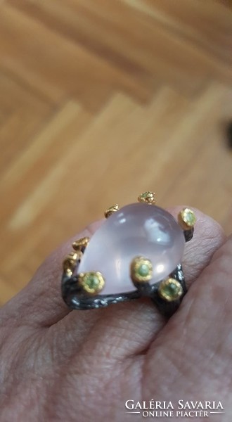56 Os 10.2Gm genuine rose quartz peridot 925 sterling silver ring