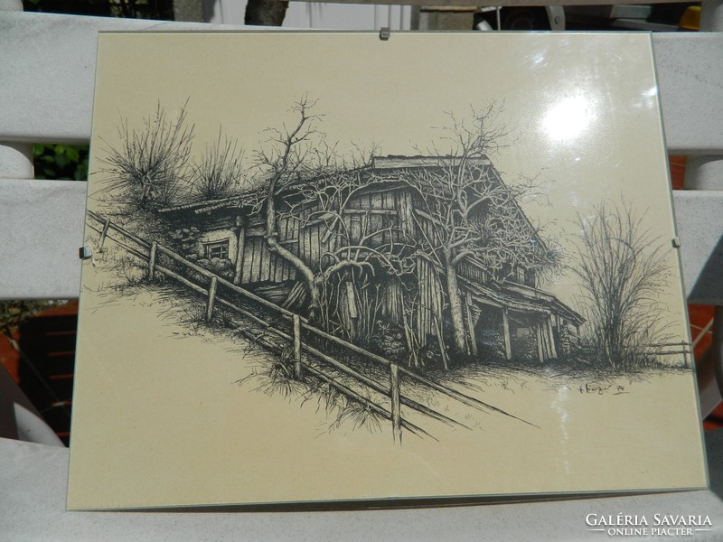 Crumbling wooden house : marked engraving - etching, woodcut
