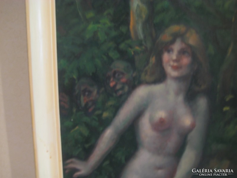 Painting, signed, oil on wood fiber, bathing woman with two satyrs in the background 44 x 63 cm + frame