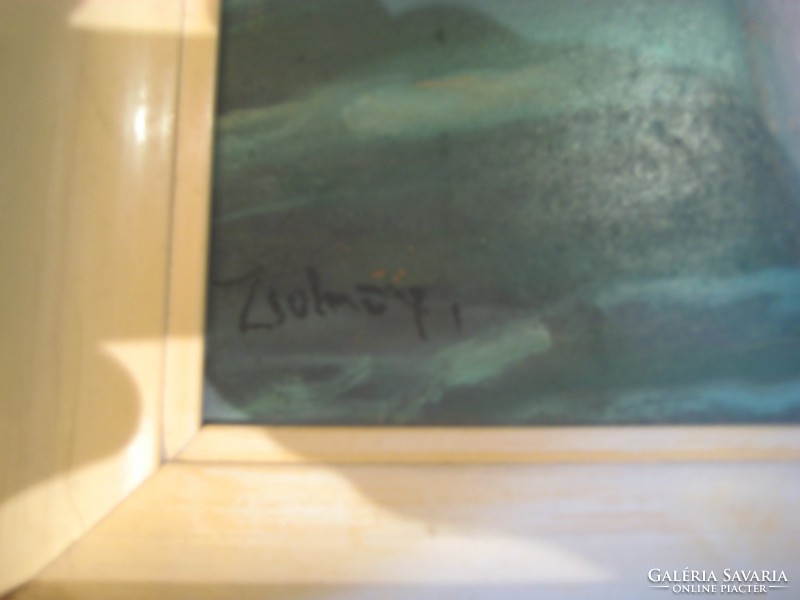 Festmény  , szignált , olaj farost , fürdőző  nő a háttérben  két szatírral  44 x 63 cm + keret