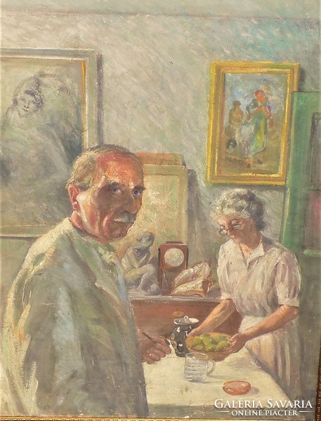 Klimó István (1883-1961) Önarckép a feleségével c. festménye 92x72cm EREDETI GARANCIÁVAL !!!