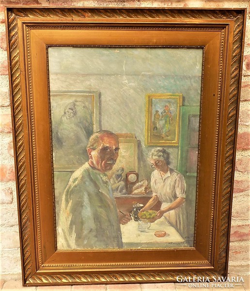 Klimó István (1883-1961) Önarckép a feleségével c. festménye 92x72cm EREDETI GARANCIÁVAL !!!