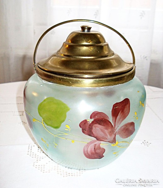 Hand-painted glass biscuit holder with copper lid and handles / early 1900s /