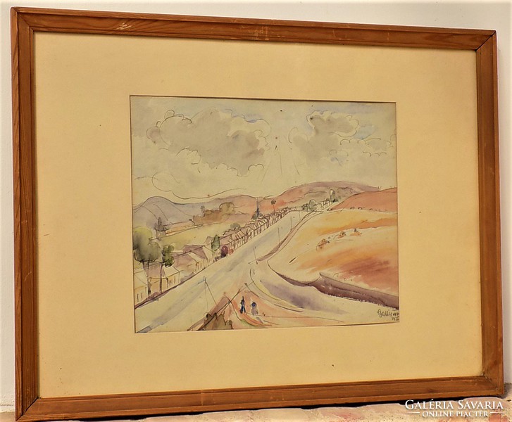 Gallé Tibor (1896-1944) Házak az út mellett c. akvarell festménye Eredeti Garanciával !!!