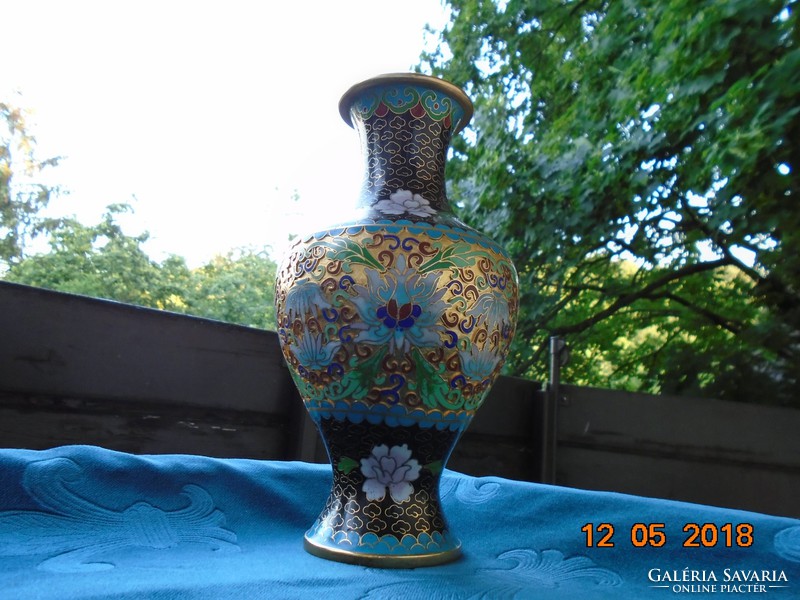 Rekeszzománc,cloisonné ,kínai váza lótuszmintával aranyzománc alapon 21 cm