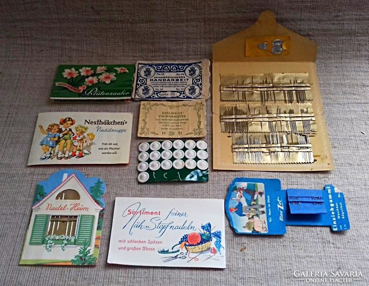 Old colored paper covered sewing needle sets with old lace button blocks