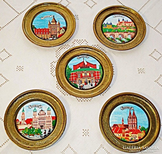 5 copper coasters with painted porcelain inserts
