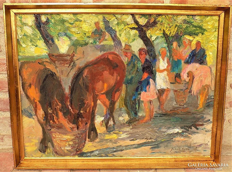 Juhász Erika (1926-2018) Nagymarosi vásár c. olaj/vászon festménye 86x66cm EREDETI GARANCIÁVAL !!!