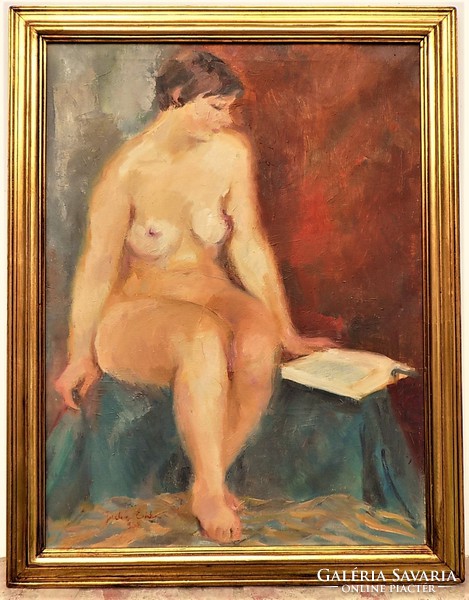 Juhász Erika (1926-2018) Olvasó modell c. olaj/vászon festménye 94x74cm EREDETI GARANCIÁVAL !!!