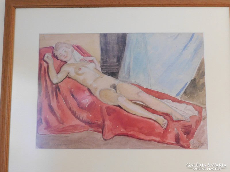 Béla Büky: (1899-1983) lying female nude (watercolor)